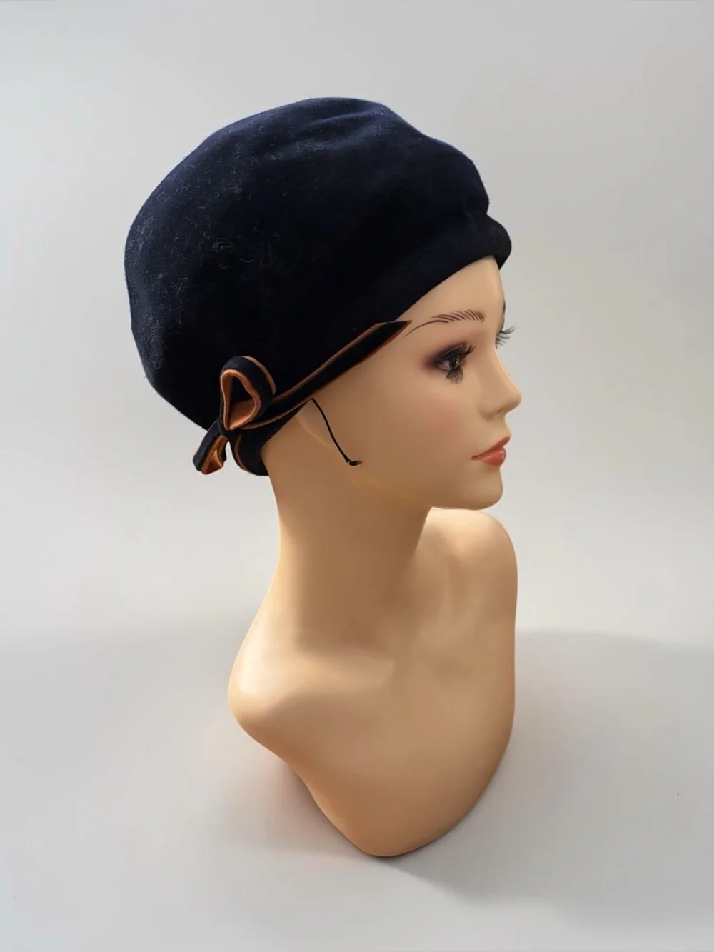 Vintage Dark Navy Felt Asymmetric Cloche Beret Hat with Side Bow